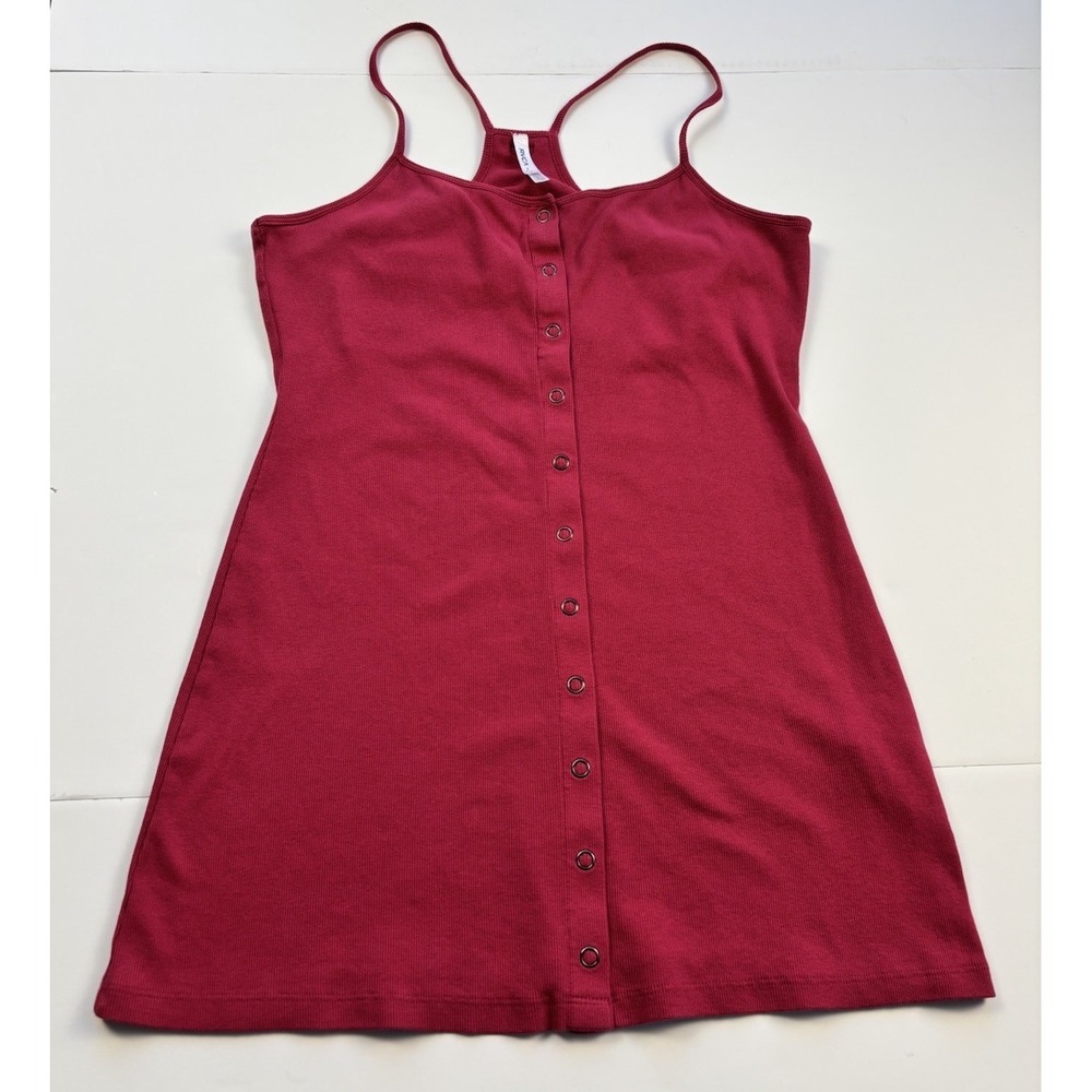 RVCA Sz L (12) Magenta Pink Ribbed Knit Snap Front Racerback Mini Dress Stretchy